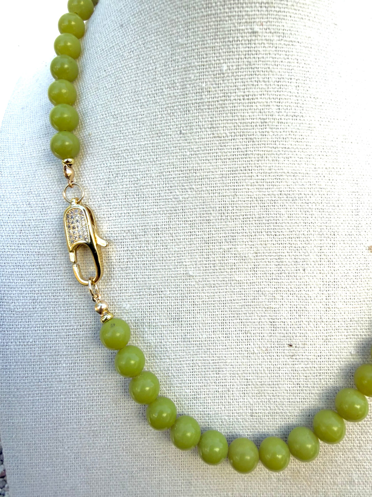 Olive Jade Beaded Necklace with Pavé Gold Clasp