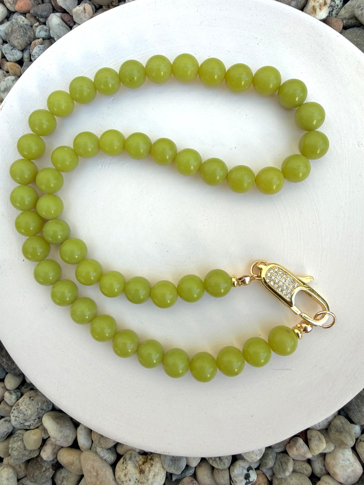 Olive Jade Beaded Necklace with Pavé Gold Clasp