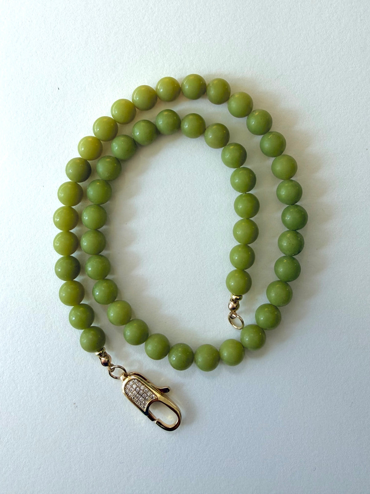 Olive Jade Beaded Necklace with Pavé Gold Clasp