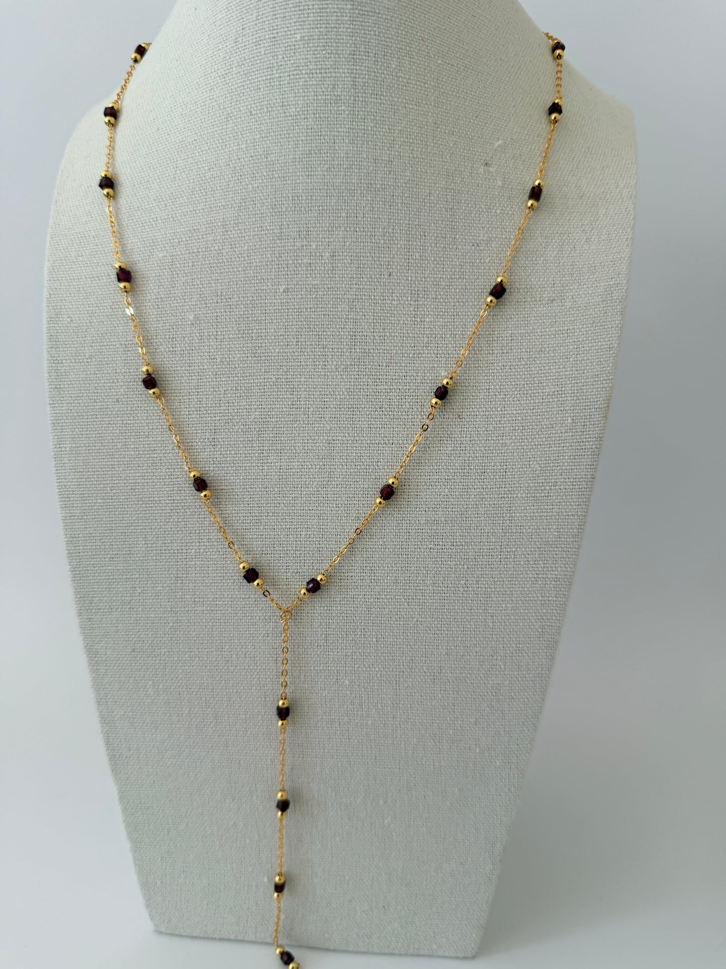 Garnet Lariat Necklace – 23” Gold Filled Chain
