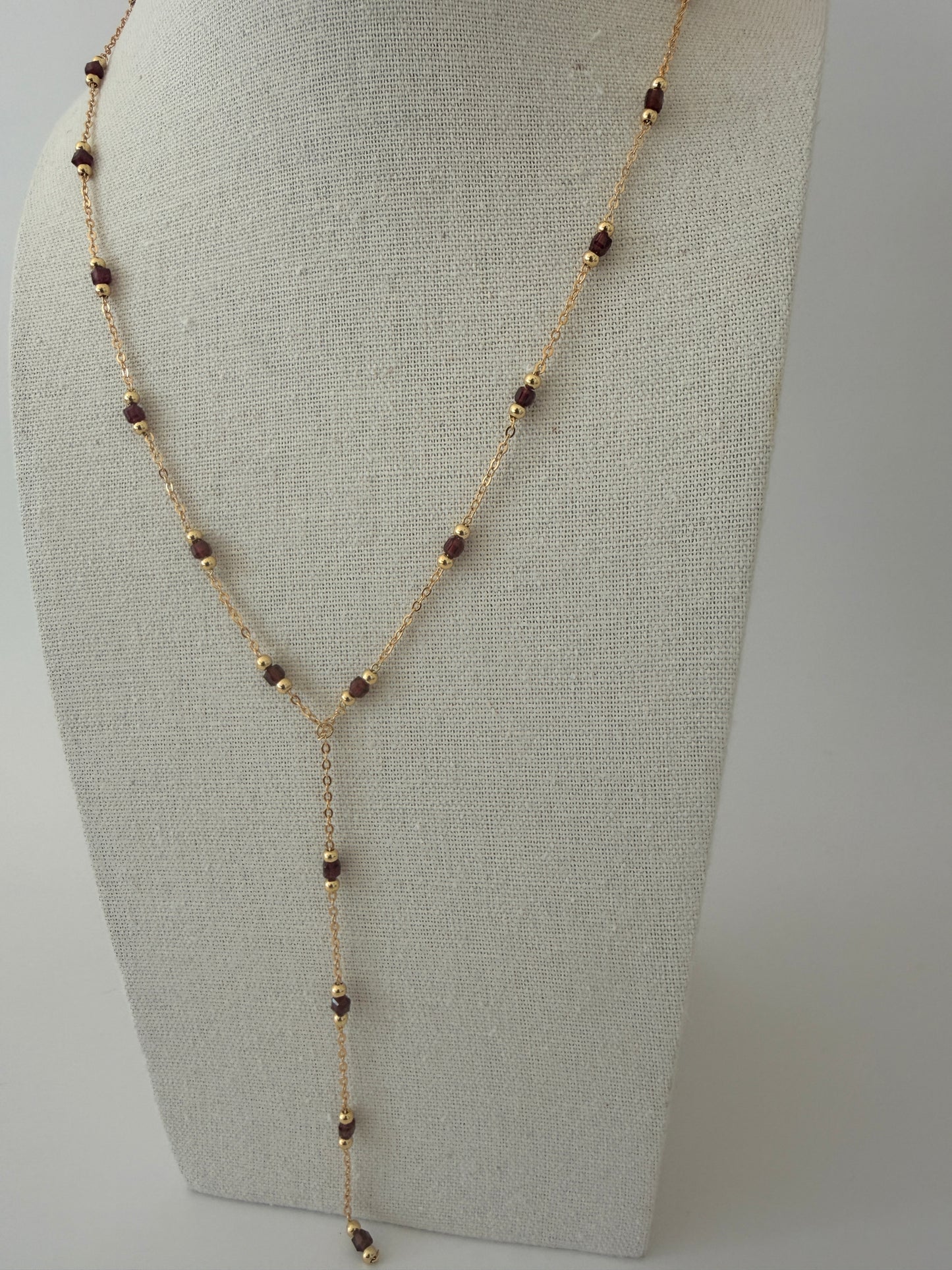 Garnet Lariat Necklace – 23” Gold Filled Chain