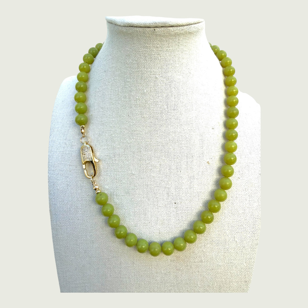 Olive Jade Beaded Necklace with Pavé Gold Clasp