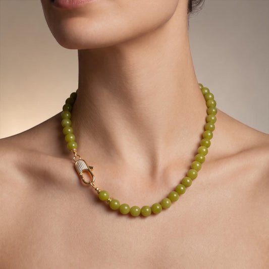 Olive Jade Beaded Necklace with Pavé Gold Clasp
