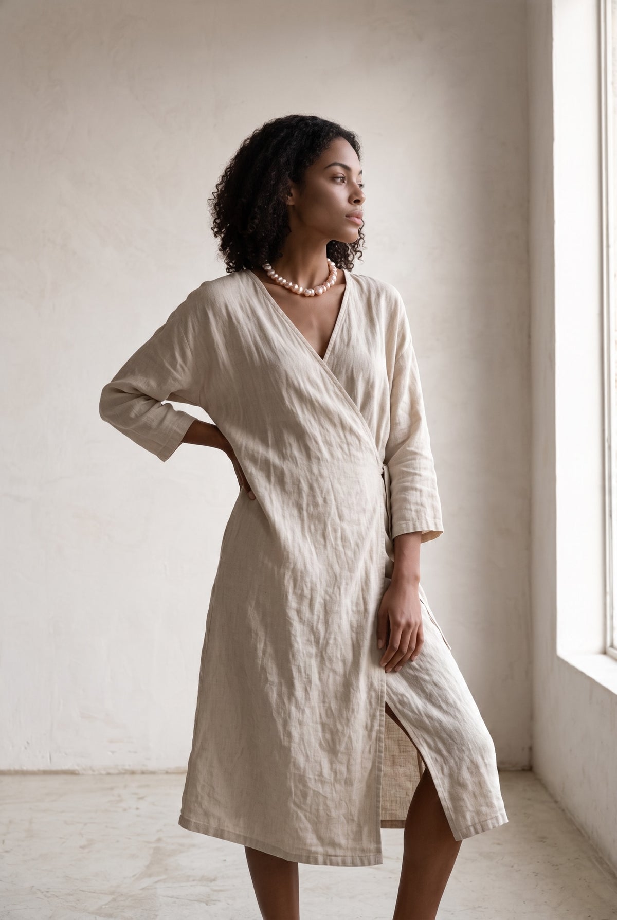 TNT Designs Jewels blush baroque pearl necklace worn by a woman in a beige linen wrap dress near a window