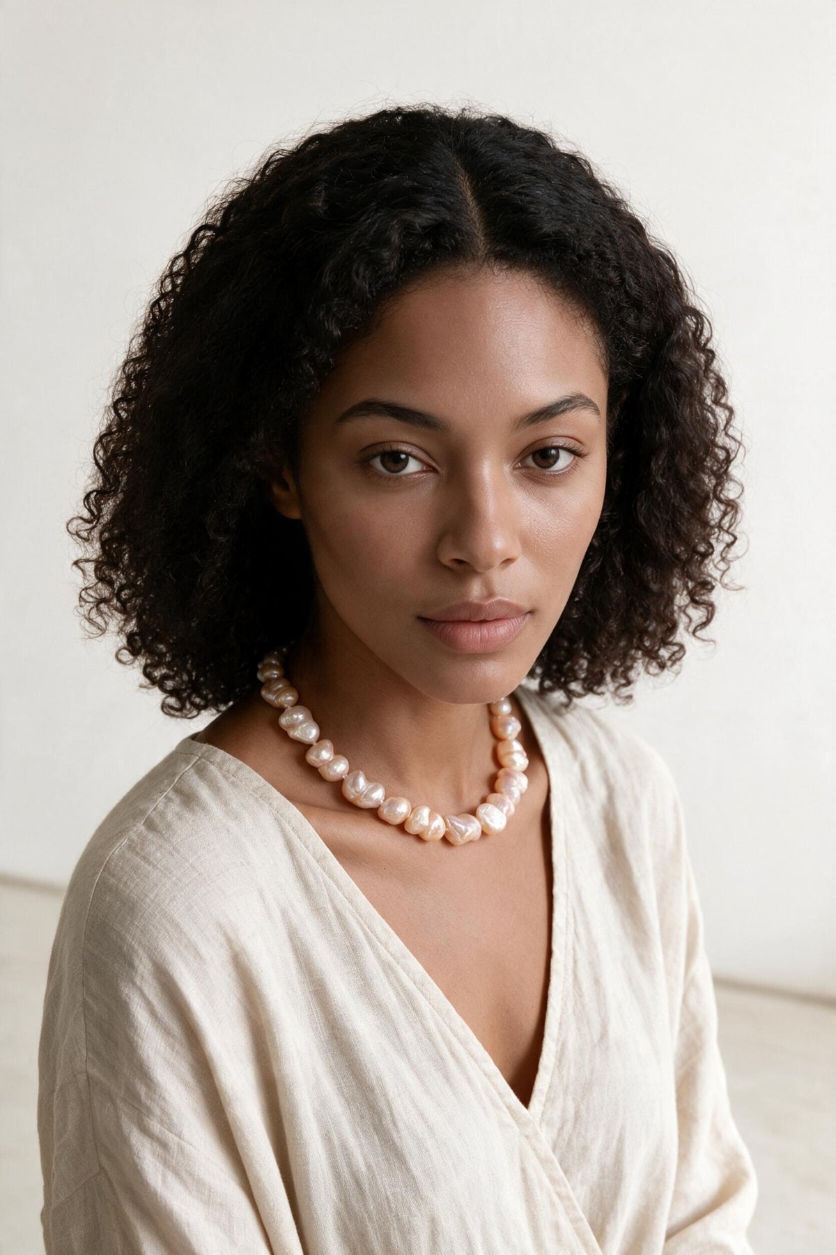 A model wearing a TNT Designs Jewels blush-pink baroque pearl statement necklace with a neutral linen top.
