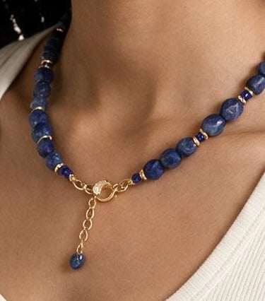 TNT Designs Jewels lapis lazuli beaded necklace with gold-tone spacers and a crystal-embellished adjustable clasp.